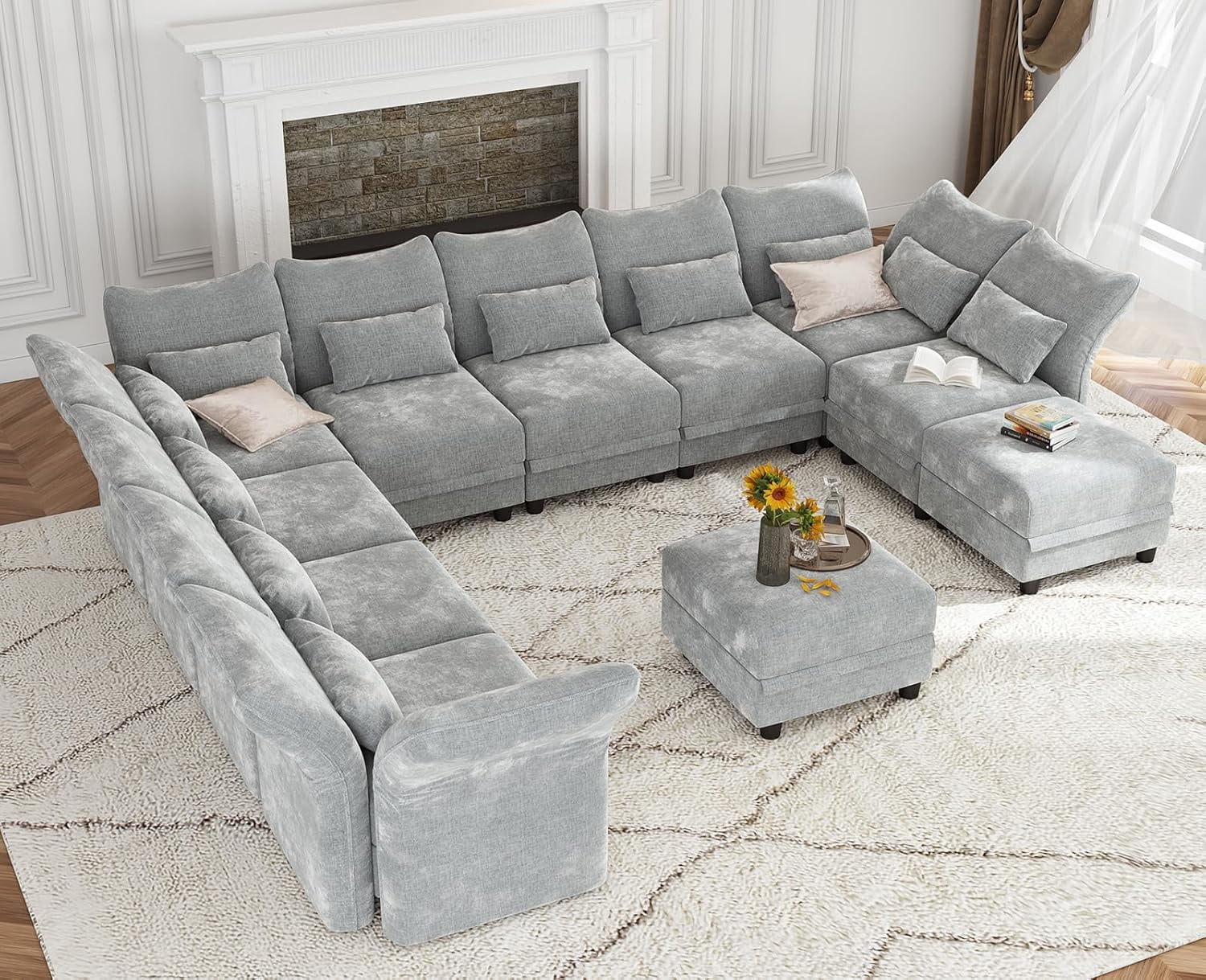 LLappuil Modular Sectional Sofa, 11 Seat Modular Sectional Sofa with 2 Storage Ottoman, 25.6 Deep Seat Chenille Sofa Gray